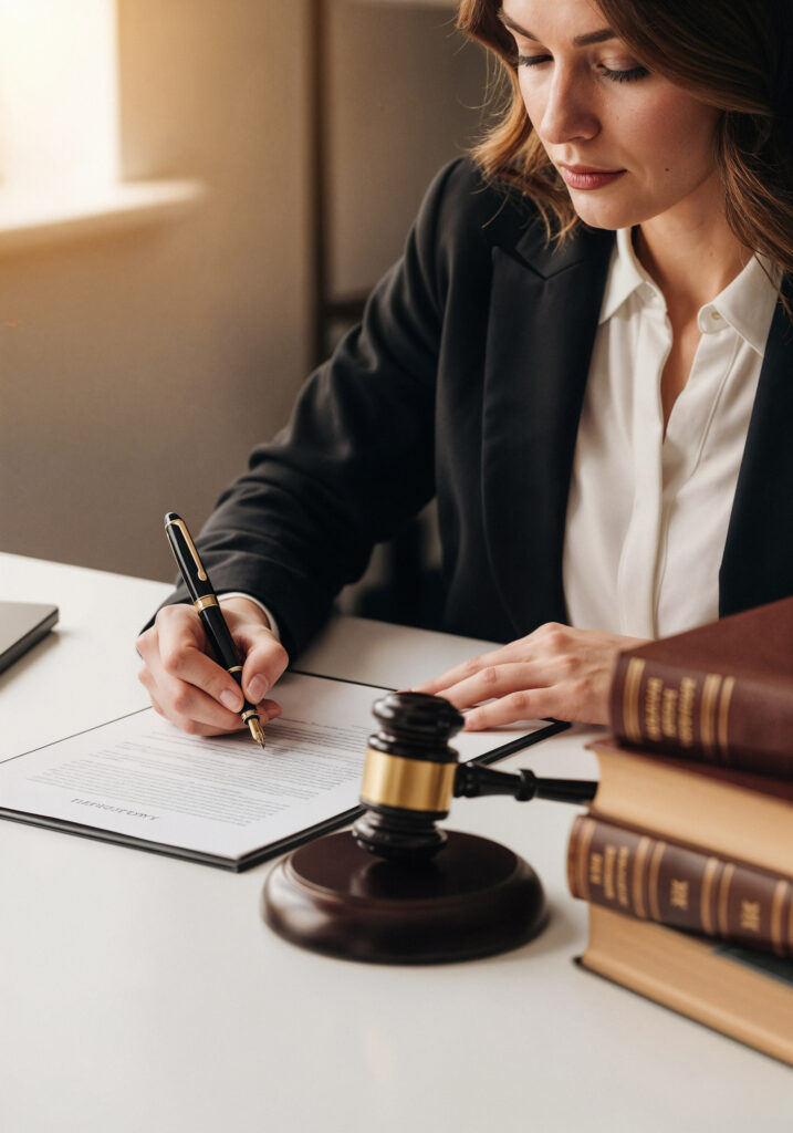 lawyer signing documents with gavel books